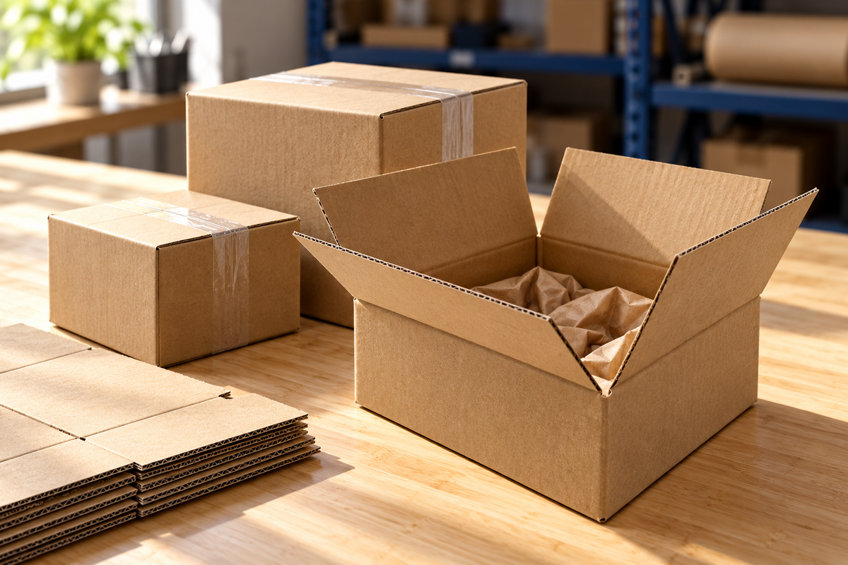 Corrugated shipping boxes on a packing table