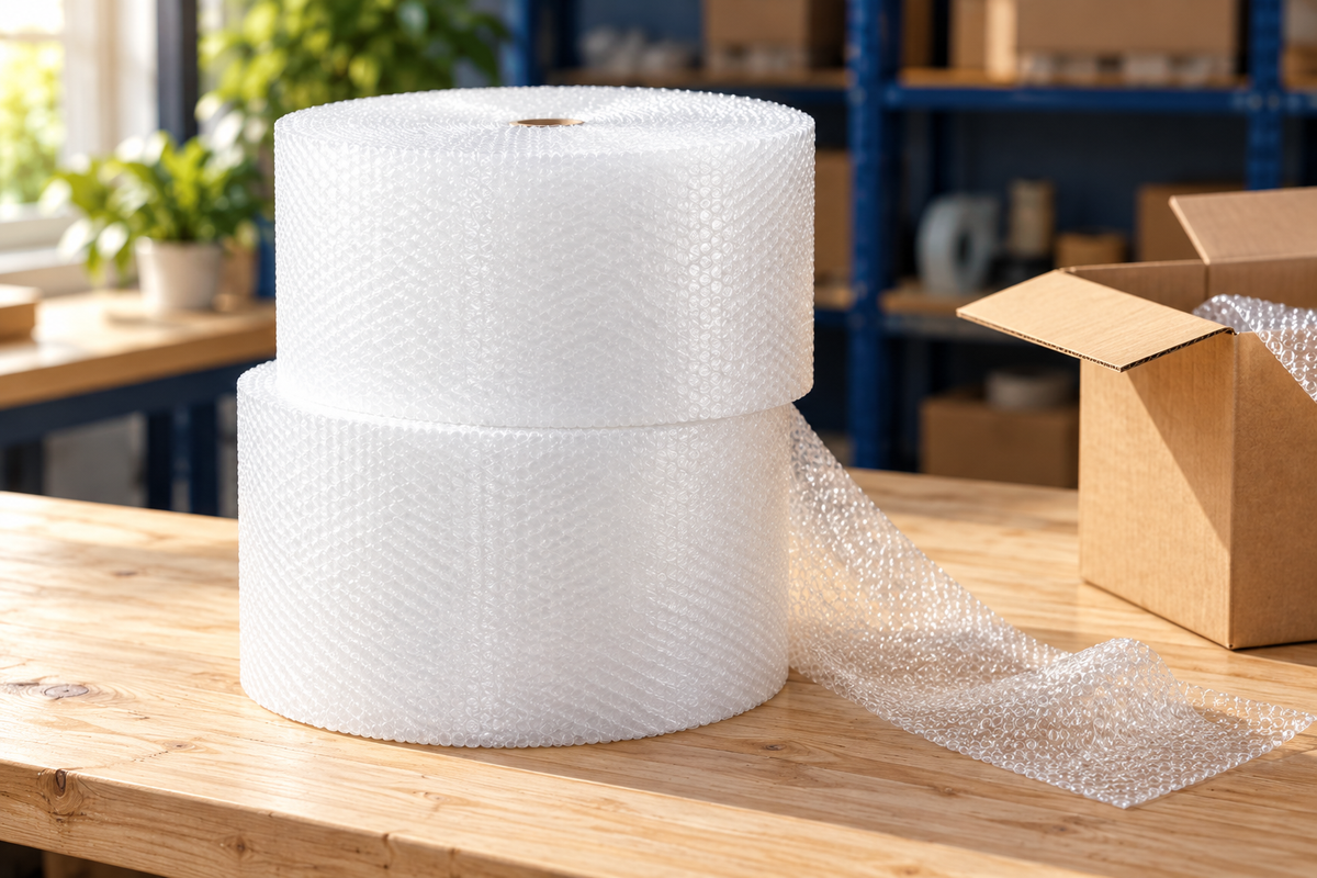 Two clear bubble wrap rolls on a packing table