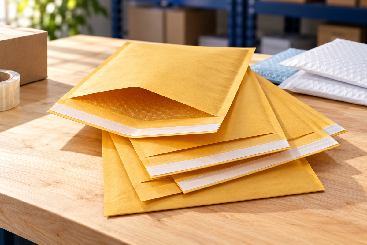 Kraft bubble mailers on a sunlit packing table